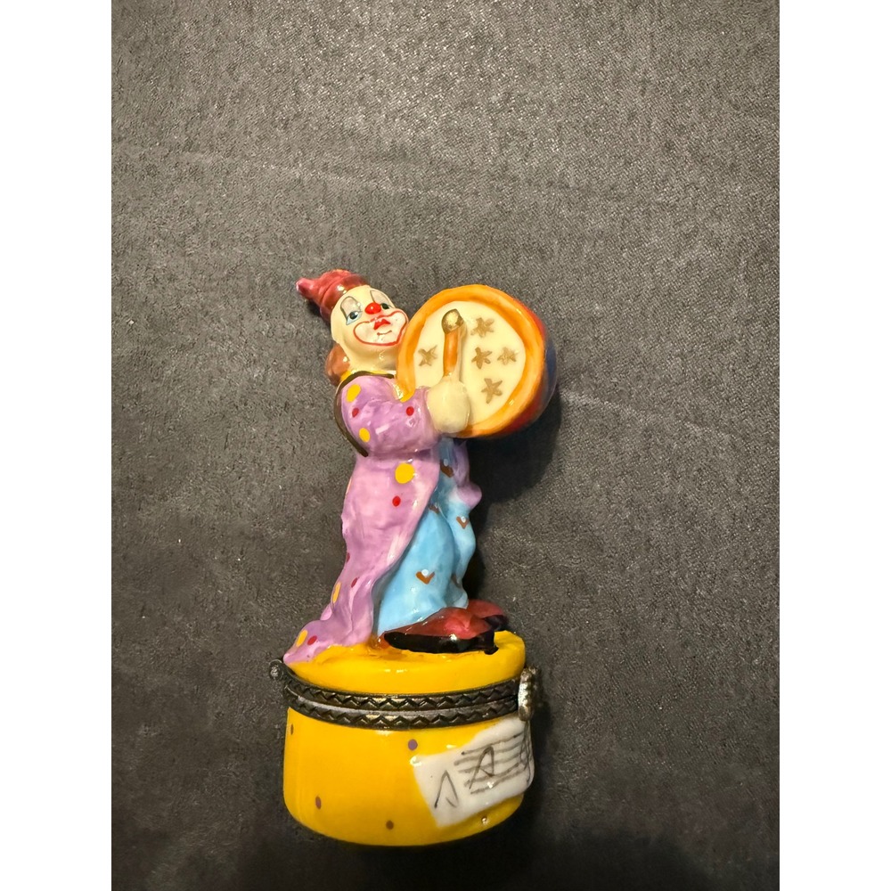 Vintage Porcelain Clown Drummer Trinket Box Hand Painted Hinged Circus Figurine